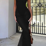 U Neckline Slim Fit See Through Hem Slip Maxi Dresses-Burgundy