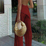Charm and Charisma Texture Fabric Halter Neck Backless Tank and Elastic Waist Wide Leg Pants Suit