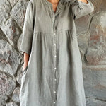 Single-breasted Button Long Dress Casual 3/4 Sleeve Solid Loose Shirt Dress