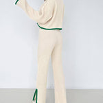 Knit Two Piece Outfit Color Block Cropped Top Long Pants Ribbed Sweater Set