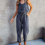 Summer Sleeveless Denim Jumpsuit Fitted Scoop Neck Jumpsuit Chic Casual Travel Overalls