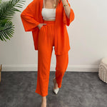 Two-Piece Set Long Sleeve Shirt Solid Color Pleated Elastic Waist Long Pants