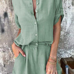 Linen Blend Solid Color Button Lapel Short Sleeve Shirt and Casual Pocket Shorts Set