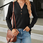 Solid Color V-Neck Button Loose Long Sleeve T-Shirt Top