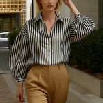Long Sleeves Loose Buttoned Contrast Color Split-Joint Striped Lapel Blouses&Shirts Tops