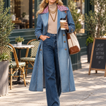 Pink Leopard Collar Denim Trench Coat