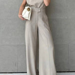 Fashionable One-shoulder Ruffled Top and Casual Simple Straight-leg Suit Pants Set