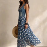 Solene | Denim dress with polka dot muslin skirt