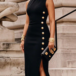 Bodycon Sleeveless Buttoned Solid Color Split-Side High Neck Maxi Dresses
