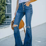 Single Row Buttons Horn Flared Jeans