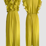 Ruffles Spliced V-Neck Sleeveless Button Front Pleated Overalls Casual Zipper Back Wide Leg Jumpsuit
