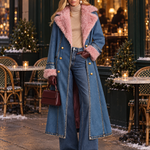 Pink Faux Fur Trim Long Denim Coat