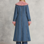 Pink Faux Fur Trim Long Denim Coat