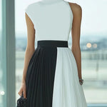 High Waisted Loose Contrast Color Pleated Mock Neck Maxi Dresses