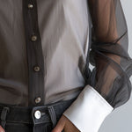 Retro Black Sheer Organza Contrast-Collar Blouse