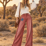 Retro Western Star Patch Fringe Wide Leg Women's Jeans