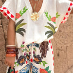 Loose Raglan Sleeve Printed Split-Joint V-Neck Blouses&Shirts Tops