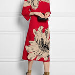 Loose Three-Quarter Sleeves Contrast Color Flower Print Round-Neck Midi Dresses