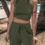 Jungle Green Solid Cropped Tank Top and Wide Leg Pants Set