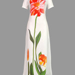 Short Sleeves Flower Print Boat Neck Maxi Dresses