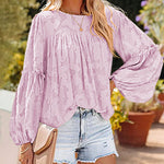 Nadorine Long Bell Sleeve Blouses Crewneck Floral Lace Textured Babydoll Shirts Tops
