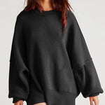 Lantern Sleeve Mock Neck Pullover with Ribbed Cinch Hem Batwing Sweater