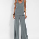 Nadorine Casual Two Pieces Set Sleeveless V neck Vest Tops and Wide Leg Long Pants