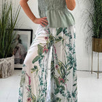 Summer Garden Botanical Print Smocked Waist Wide Leg Palazzo Pants