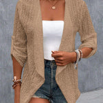 Long Sleeves Loose Buttoned Hollow Jacquard Solid Color Collarless Outerwear