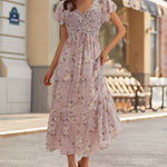 V Neck Short Sleeves Smocked Tiered Mauve Floral Maxi Dress