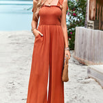 Sleeveless Lace-up Smocked Jumpsuits Solid Loose fit Wide Leg High Wasit Romper