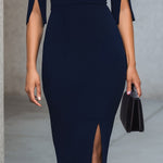 Sleek Navy Cold-Shoulder Midi Dress With Keyhole Detail