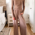 Long Sleeves Slim Fit Top Elastic Waist Wide Leg Pants Loungewear Set
