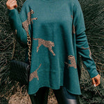 Margovil High Neck Side Slit Cheetah Pattern Sweater