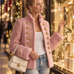 Retro Elegant Pink Teddy Fleece Stand-Collar Gold-Button Military Coat