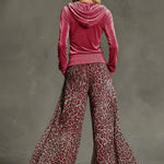 Casual Retro Pink Fleece Hooded Top And Chiffon Leopard Print Wide-leg Pants Set