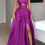 Margovil Strapless Lace-up High Slit Satin Maxi Party Dress