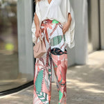 Two-piece Set V-Neck Batwing Sleeve Loose Top and Printed High-Waisted Wide Leg Pants Set