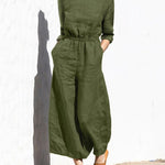 Solid Color Long Sleeve Rompers Back Button Elastic Waist Wide Leg Long Jumpsuit