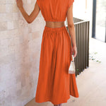 Cap Sleeve Belly-Hollow Pleated Solid Color Stand Collar Maxi Dresses