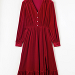 Racing Red Velvet Buttoned Puff Sleeve V Neck Split Midi Dress