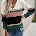 Striped Color Contrast Long Sleeve V-Neck Knit Sweater
