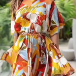 Unique Printed Round Neck Short Sleeve Waist Tie Vacation Mini Dress