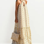 Flowy Cut Out Halter Neck Long Dress 3D Flower Chiffon Ruffle Frill Trim Puffy Swing Dress
