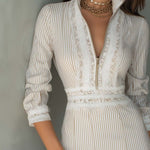 Vintage Zippered Collar Lace Striped Mini Dress