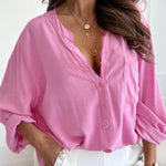 V Neck Button Roll Sleeve Patch Pocket Loose Straight Long Sleeve Shirt