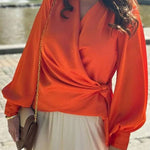 Satin Solid Color V-neck Tie Up Long Sleeve Loose Shirt