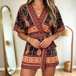 Women's Tropical Print Romper V Neck Wrap Knot Side Jumpsuit Half Sleeve Beach Vacation Summer Skorts Romper