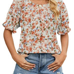 Nadorine Casual Floral Print Smocked Puff Sleeve Shirts