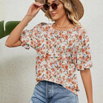 Nadorine Casual Floral Print Smocked Puff Sleeve Shirts